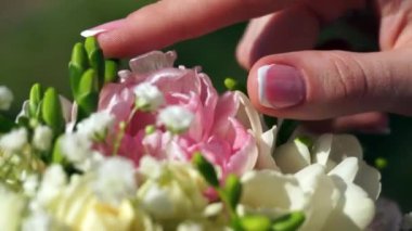 Bir kadının eli bir buket beyaz ve pembe çiçeğe dokunur. Yakın çekim.