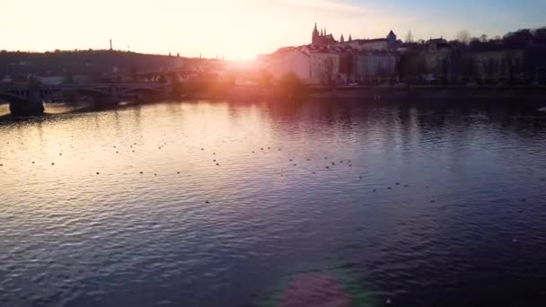 Cseh Köztársaság Prága Városa Őszi Este Kilátás Moldva Folyóra Forgatás — Stock videók