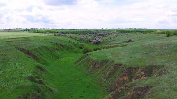 Ucrania Primavera Drone Vista Aérea Vuelo Sobre Barranco Verde Cámara — Vídeos de Stock