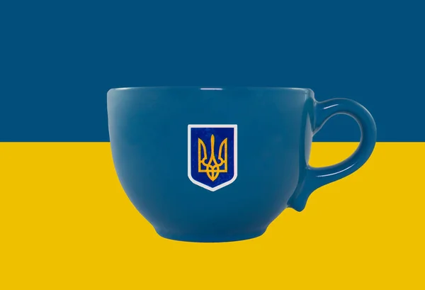 Vide Tasse Décorative Jaune Bleue Sur Fond Drapeau National Ukraine — Photo