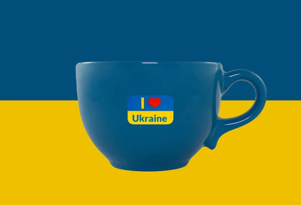 Vide Tasse Décorative Jaune Bleue Sur Fond Drapeau National Ukraine — Photo