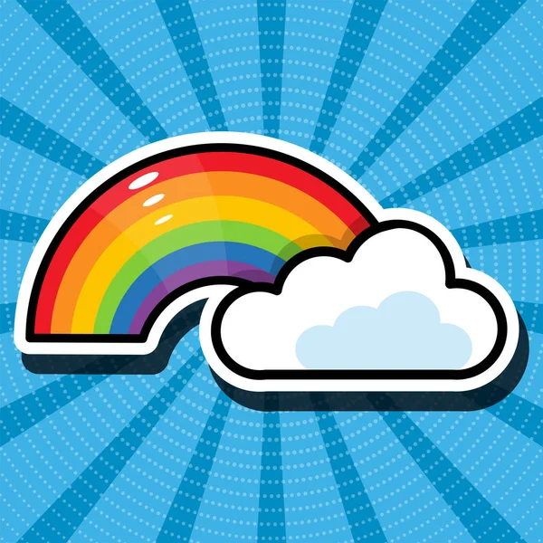 Cartoon illustration of rainbow and cloud. Blue retro background. — Stock Vector