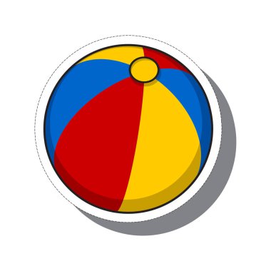 Renkli plaj şişirilebilir topunun çizgi film etiketi. Sarı arkaplanda resim.