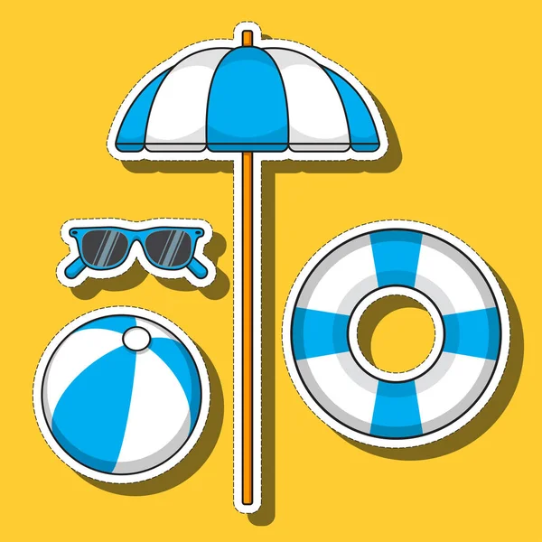 Cartoon Sticker Set Vorhanden Sonnenschirm Sonnenbrille Strandball Und Rettungsboje Blau — Stockvektor