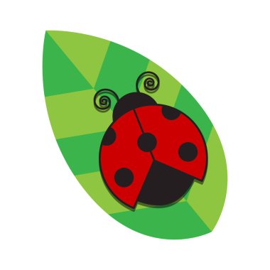 Yeşil yapraklı kırmızı uğur böceği. Vektör illüstrasyonu.