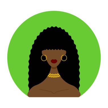 Yeşil oval arka planda altın mücevherleri olan siyah saçlı ikon kadın. Vektör resmi, afiş, poster, arkaplan.