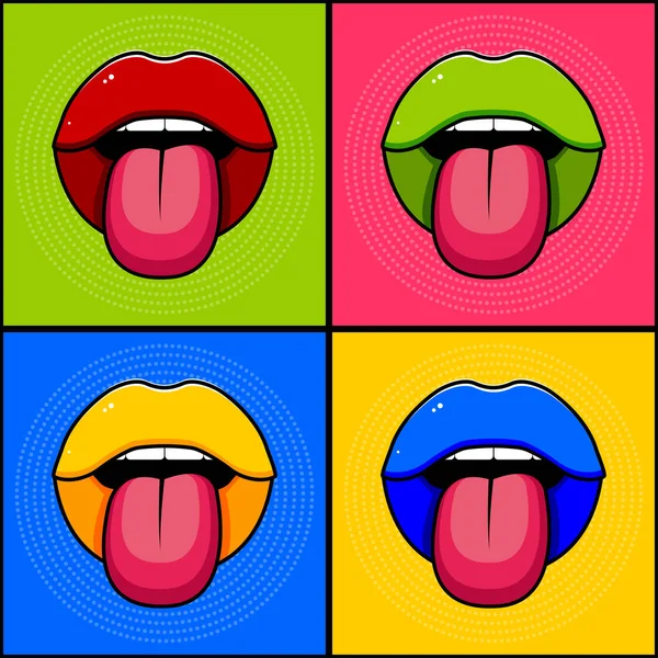 Multi Colored Lips Retro Background Illustration Pop Art Style Vector — Stock Vector