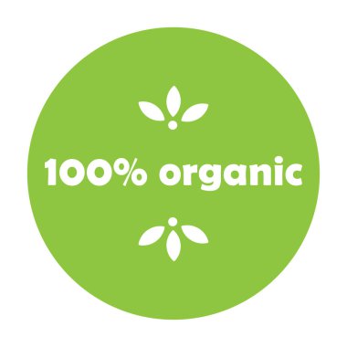 Üzerinde 100 organik yazı olan yeşil daire. Çevre ambalajı, çıkartma, sağlıklı yiyecekler. Vektör illüstrasyonu.