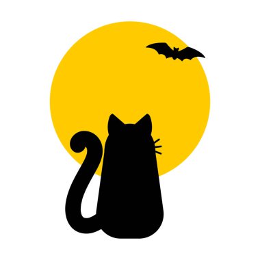 Sarı bir ayın arka planında siyah bir kedi silueti. Düz vektör illüstrasyonu.