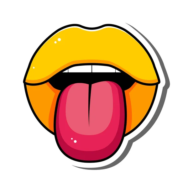 Pop Art Sticker Yellow Lips Open Mouth Tongue Vector Illustration — Stock Vector