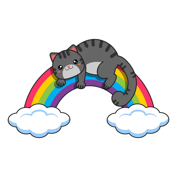 Gray Cat Lies Rainbow Vector Illustration — Stock Vector