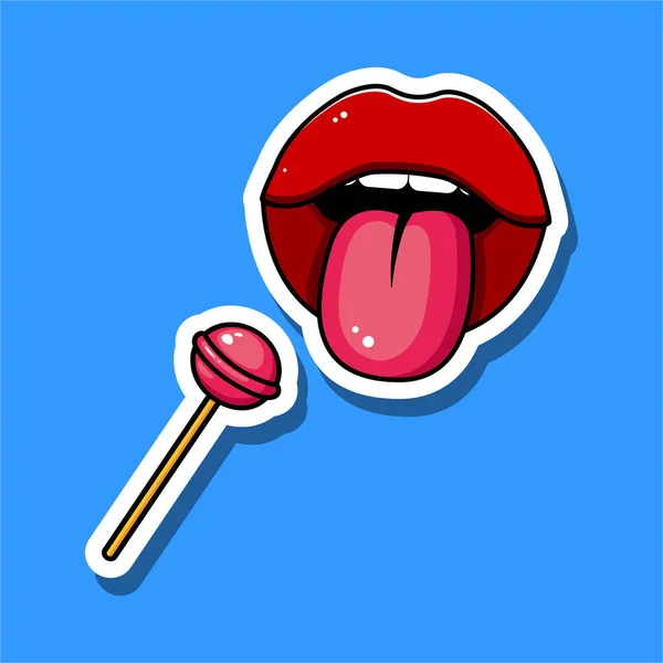 Sticker Red Open Mouth Tongue Yellow Lollypop Vector Illustration — 图库矢量图片