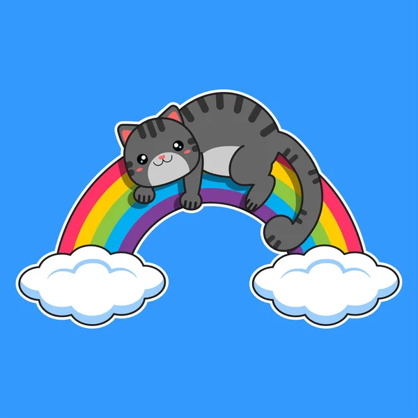 Gray Cat Lies Rainbow Vector Illustration — Vetor de Stock