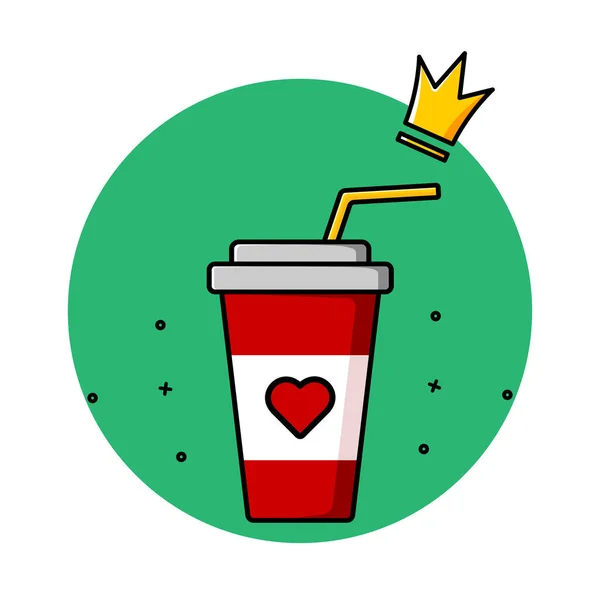 Illustration Red Glass Cola Drinking Straw Heart Logo Yellow Crown — Vetor de Stock