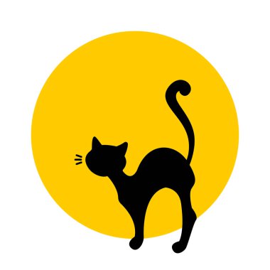Silhouette of a cat on the background of the yellow moon. Flat vector illustration