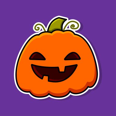 Sticker of an orange pumpkin on a purple background. Halloween image. Vector illustration