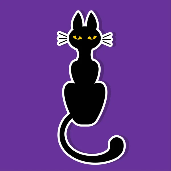 Sticker Black Cat Yellow Eyes Purple Background Halloween Image Vector — Stock Vector