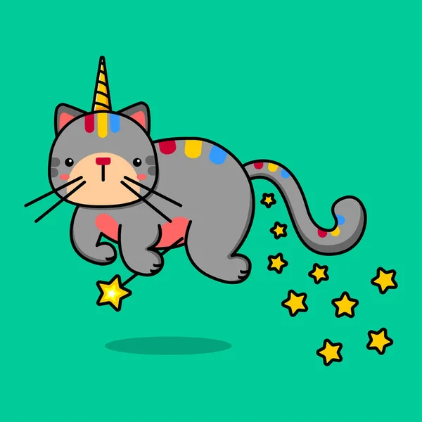 Image Flying Unicorn Cat Magic Wand Stars Vector Illustration —  Vetores de Stock