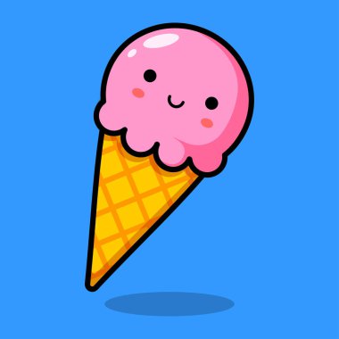 Kawaii pink ice cream in a yellow waffle cup. Smiling food. Vector illustration