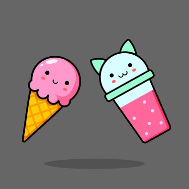 Kawaii images of a Pink scoop of ice cream and a Glass with a pink cocktail. Glass with cat ears. Smiling glass. Vector illustration