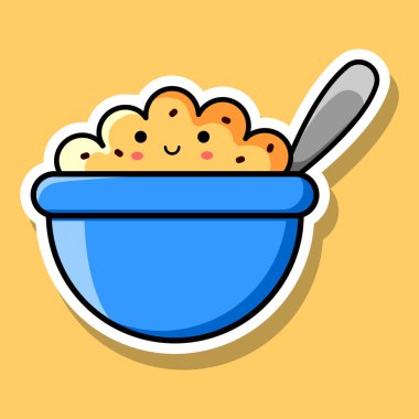 Image of a smiling kawaii porridge with raisins in a blue bowl. Vector illustration