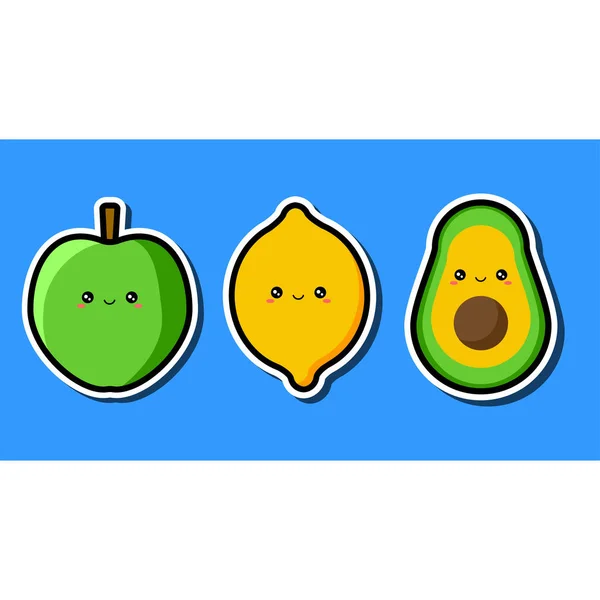 Cartoon Kawaii Αυτοκόλλητο Πράσινο Μήλο Λεμόνι Και Αβοκάντο Απομονωμένο Μπλε — Διανυσματικό Αρχείο