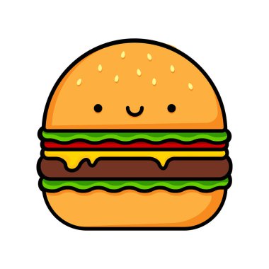 Cartoon image of a cute smiling burger. Food illustration. Vector illustration.