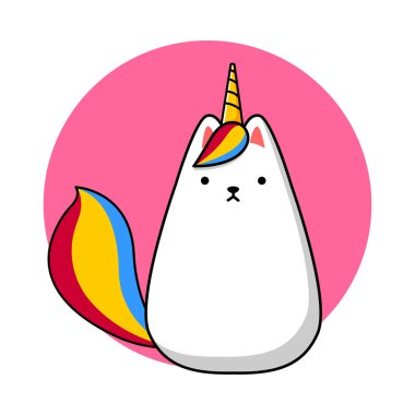 Cartoon image of a white cat with a horn and a tail of a unicorn. Birthday. Vector illustration.
