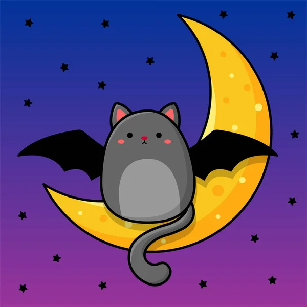 Cartoon Image Gray Cat Sits Moon Vector Illustration Halloween Fat — Vettoriale Stock