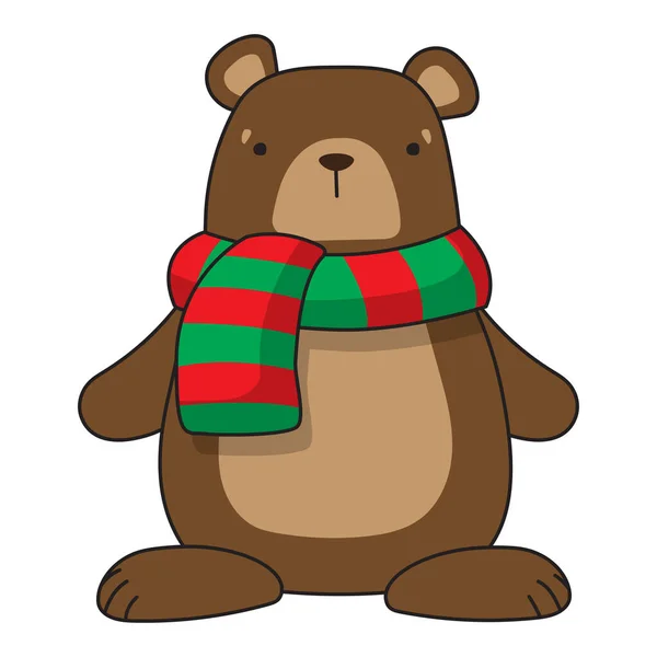 Urso Marrom Dos Desenhos Animados Lenço Vermelho Verde Ilustração Natal — Vetor de Stock
