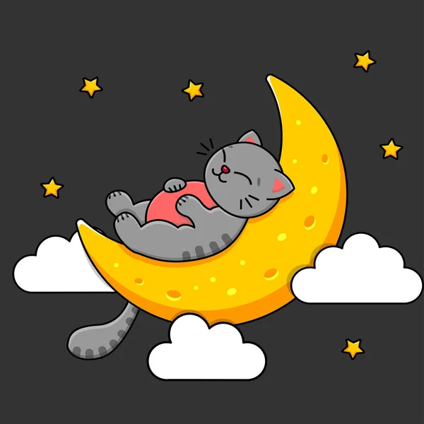 Gray Cat Sleeps Moon Sky Stars Clouds Childrens Print Vector —  Vetores de Stock