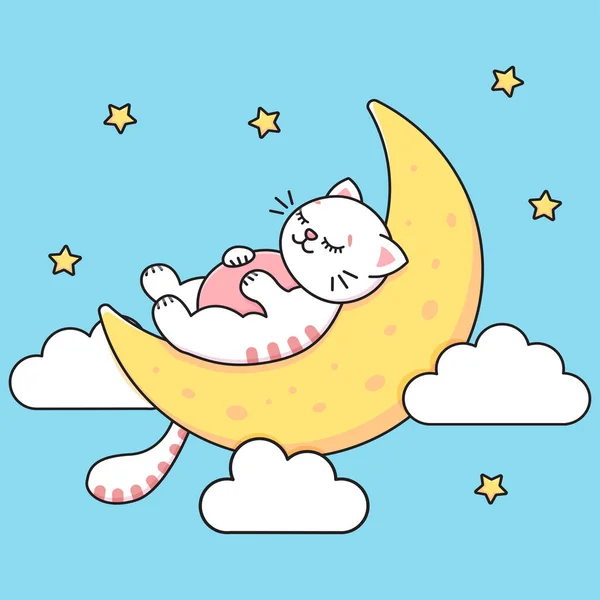 Gray Cat Sleeps Moon Sky Stars Clouds Childrens Print Vector — Stock vektor
