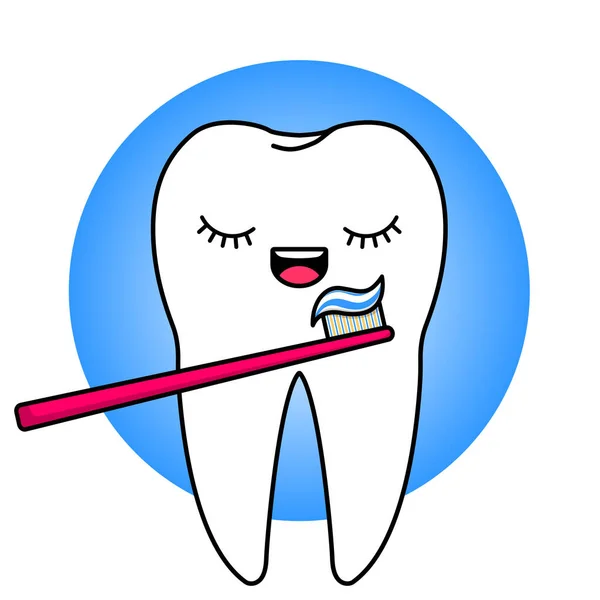Kreskówkowa Płaska Ilustracja Uśmiechniętego Białego Zęba Myjącego Zęby Słodki Dziecięcy — Wektor stockowy