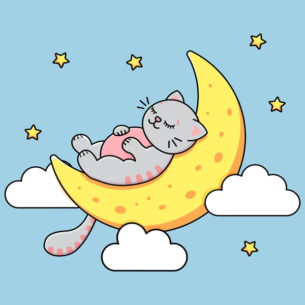 Gray Cat Sleeps Moon Sky Stars Clouds Childrens Print Vector — 스톡 벡터