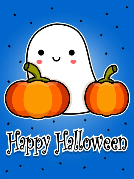 Halloween Postcard Smiling Cute Ghost Pumpkins Cartoon Flat Vector Illustration — Stock Vector