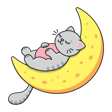 The gray cat sleeps on the moon. Sky stars and clouds. Childrens print. Vector illustration