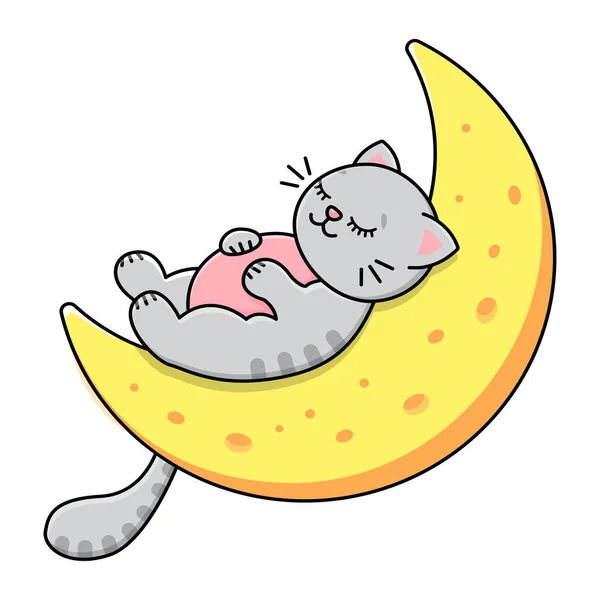 Gray Cat Sleeps Moon Sky Stars Clouds Childrens Print Vector — Archivo Imágenes Vectoriales