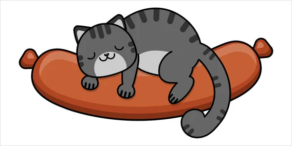 这只猫睡在香肠上 这只猫抱着香肠 婴儿贴纸 矢量说明 — 图库矢量图片