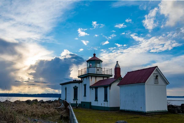 West Point Lighthluse Seattle Washington Puget Sound Naplemente Közelében — Stock Fotó