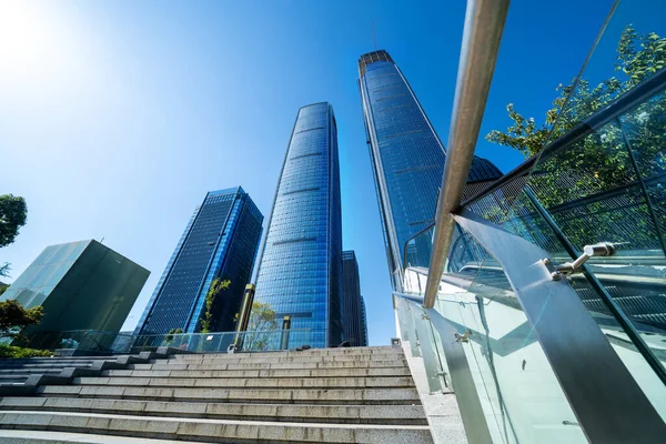 Low Angle Shot Modern Glass City Buildings Clear Sky Background — Stock Photo, Image