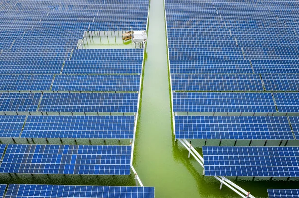 Aerial Photographing Industrial New Energy Solar Panels Sunset — Fotografia de Stock