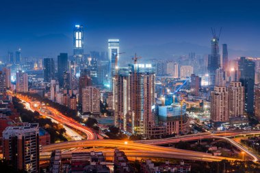 Beautiful wide-angle night aerial view of Shenzhen financial district