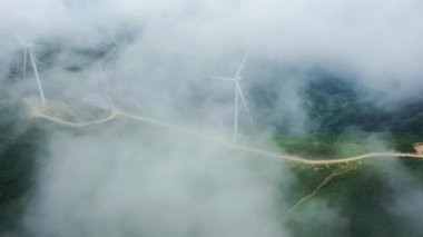 Aerial view of powerful Wind turbine farm for energy production on beautiful cloudy sky at highland. Wind power turbines generating clean renewable energy for sustainable development. 4k footage.