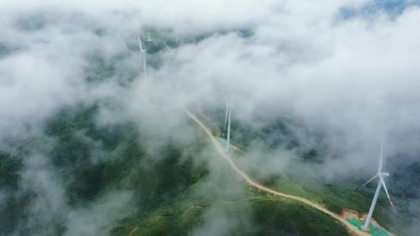 Aerial View Powerful Wind Turbine Farm Energy Production Beautiful Cloudy — стоковое видео