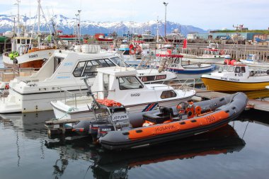 Husavik, İzlanda - Temmuz 2014: İzlanda tarihi kentinde deniz ve dağların manzarası