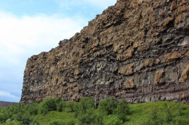 Asbyrgi 'deki Eyjan kayası. Asbyrgi, İzlanda 'nın kuzeyindeki Jokulsargljufur ulusal parkında at nalı şeklinde bir kanyondur.