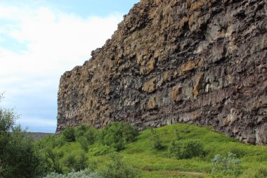 Asbyrgi 'deki Eyjan kayası. Asbyrgi, İzlanda 'nın kuzeyindeki Jokulsargljufur ulusal parkında at nalı şeklinde bir kanyondur.