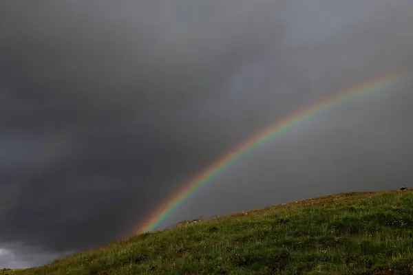 Arco Iris Sobre Prado Islandia Fondo Nublado Del Cielo —  Fotos de Stock