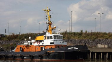 ALMANY, HAMBURG - 2017 AĞUSTOS, Hamburg Alman limanındaki kargo gemileri yükleme ve boşaltma için demirli konteyner terminali. 