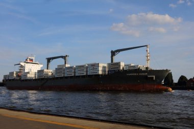 ALMANY, HAMBURG - 2017 AĞUSTOS, Hamburg Alman limanındaki kargo gemileri yükleme ve boşaltma için demirli konteyner terminali. 